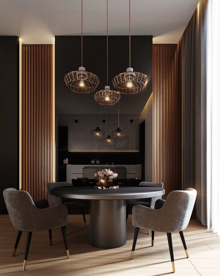 pexels-photo-3356416 A sophisticated, contemporary dining room with elegant lighting and luxurious furnishings.